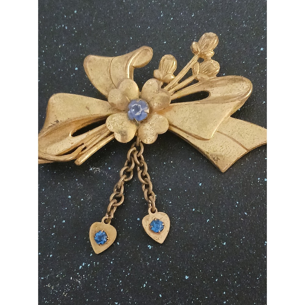 Vintage Gold Tone Bow Flower Brooch Blue Rhinestone Heart Dangle Pin